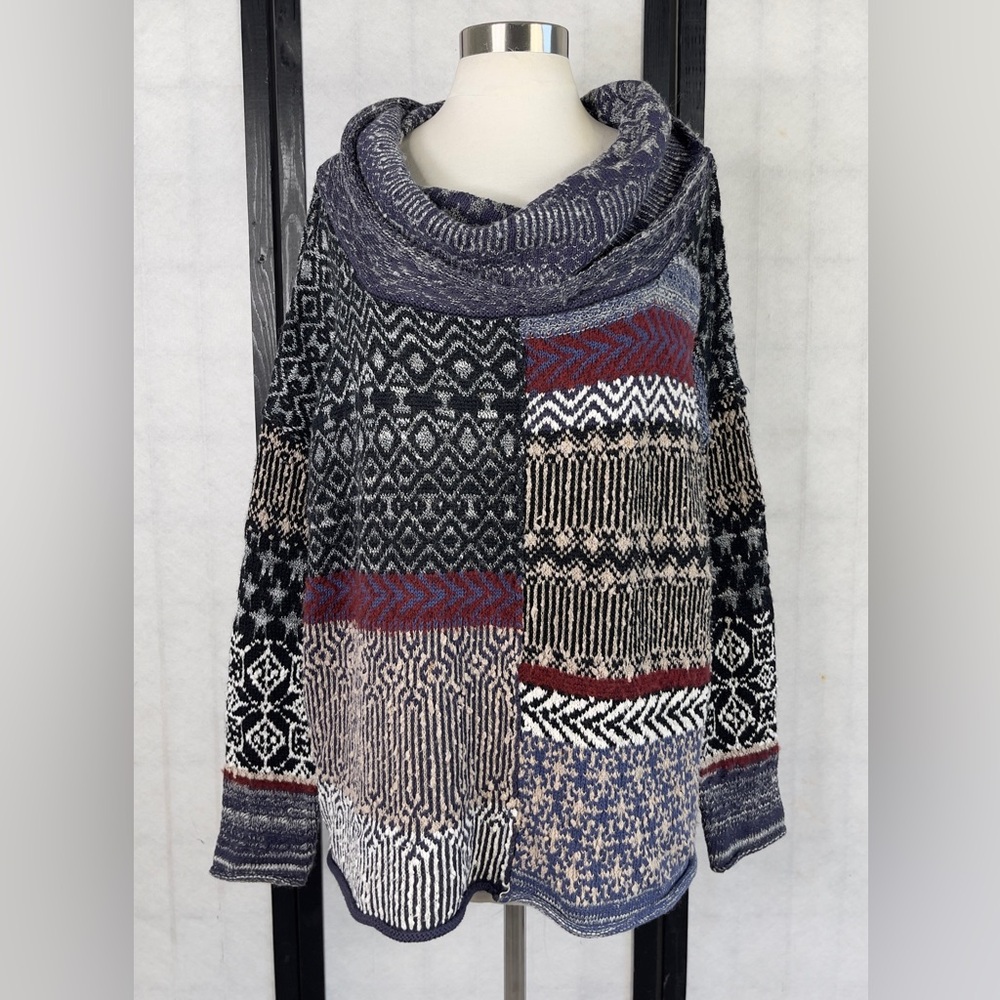 Free People Patchwork Knit Cowl Neck Sweater. M
